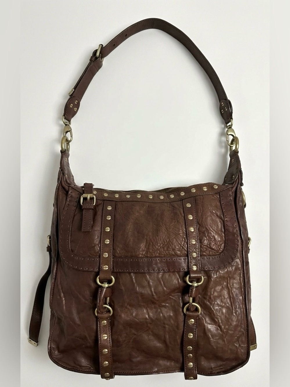 Cynthia Rowley Brown Leather Studded Shoulder Bag W/ Adjustable Strap - Picture 2 of 10